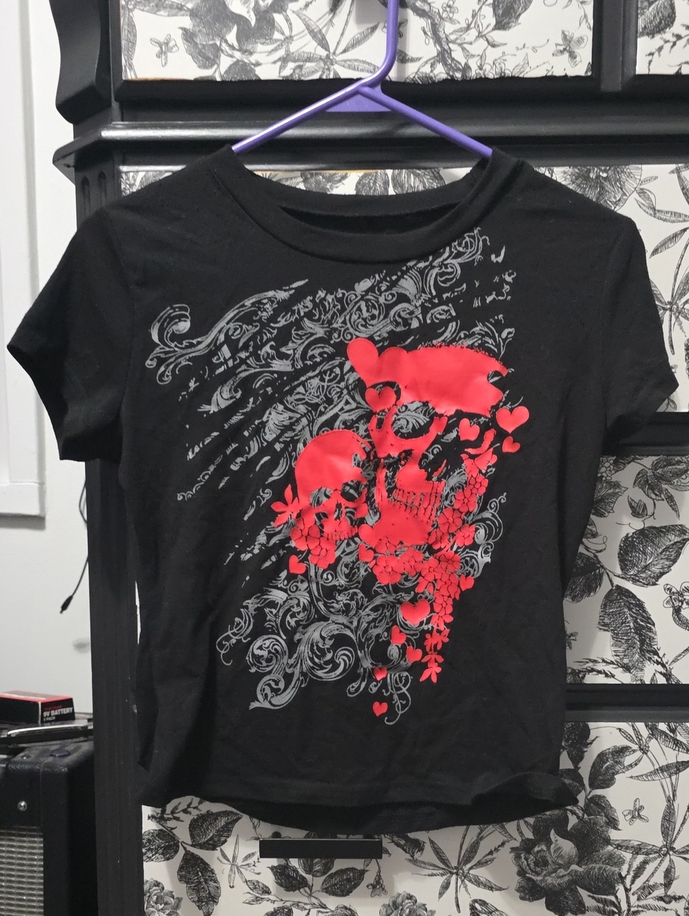 Amazon Black Tee with Red Floral Skull Graphic